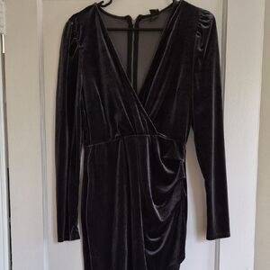 Velvet Wrap-Front Long Sleeve Dress - Black